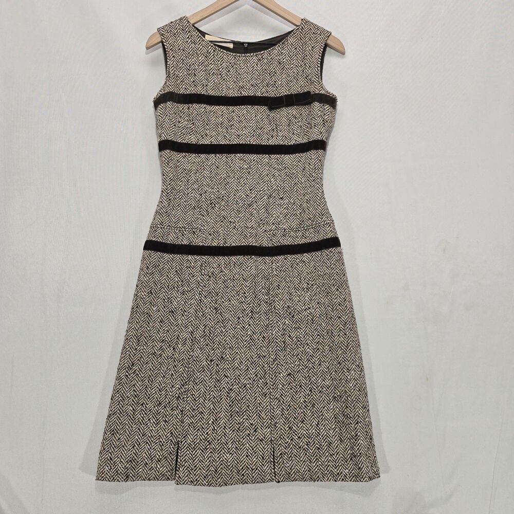 Valentino Wool Tweed Sheath Dress Brown Velvet Trim Bow Herringbone